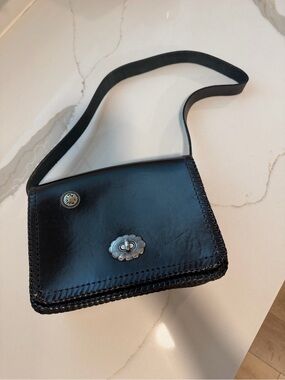 Vintage Black Leather Shoulder Bag with Silver Accents